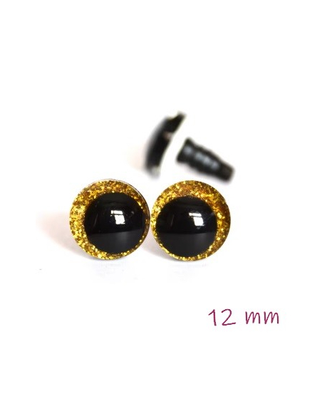 2 Yeux de sécurité "qui louchent" 12 mm à paillettes dorés pour amigurumi (1 paire)