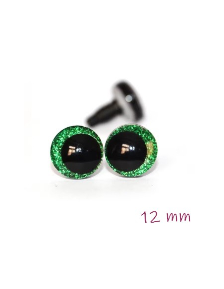 2 Yeux de sécurité "qui louchent" 12 mm à paillettes verts pour amigurumi (1 paire)